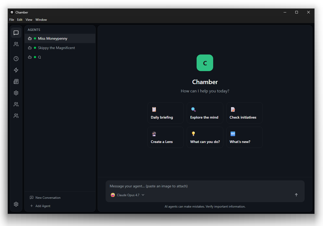 Chamber desktop app showing agents, quick actions, and the chat composer.