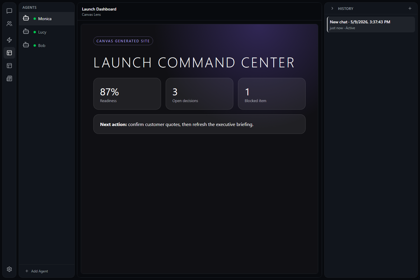 Canvas Lens showing a generated launch command center with dashboard cards.