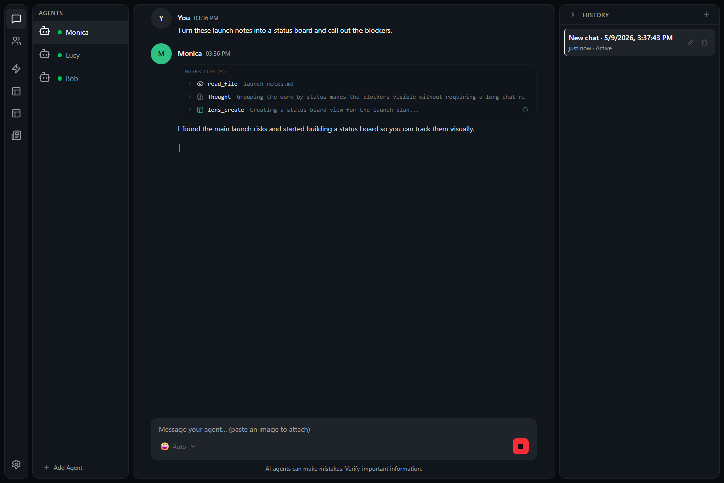 Chamber chat showing a user prompt, an assistant reply, and an expanded work log with tool activity.