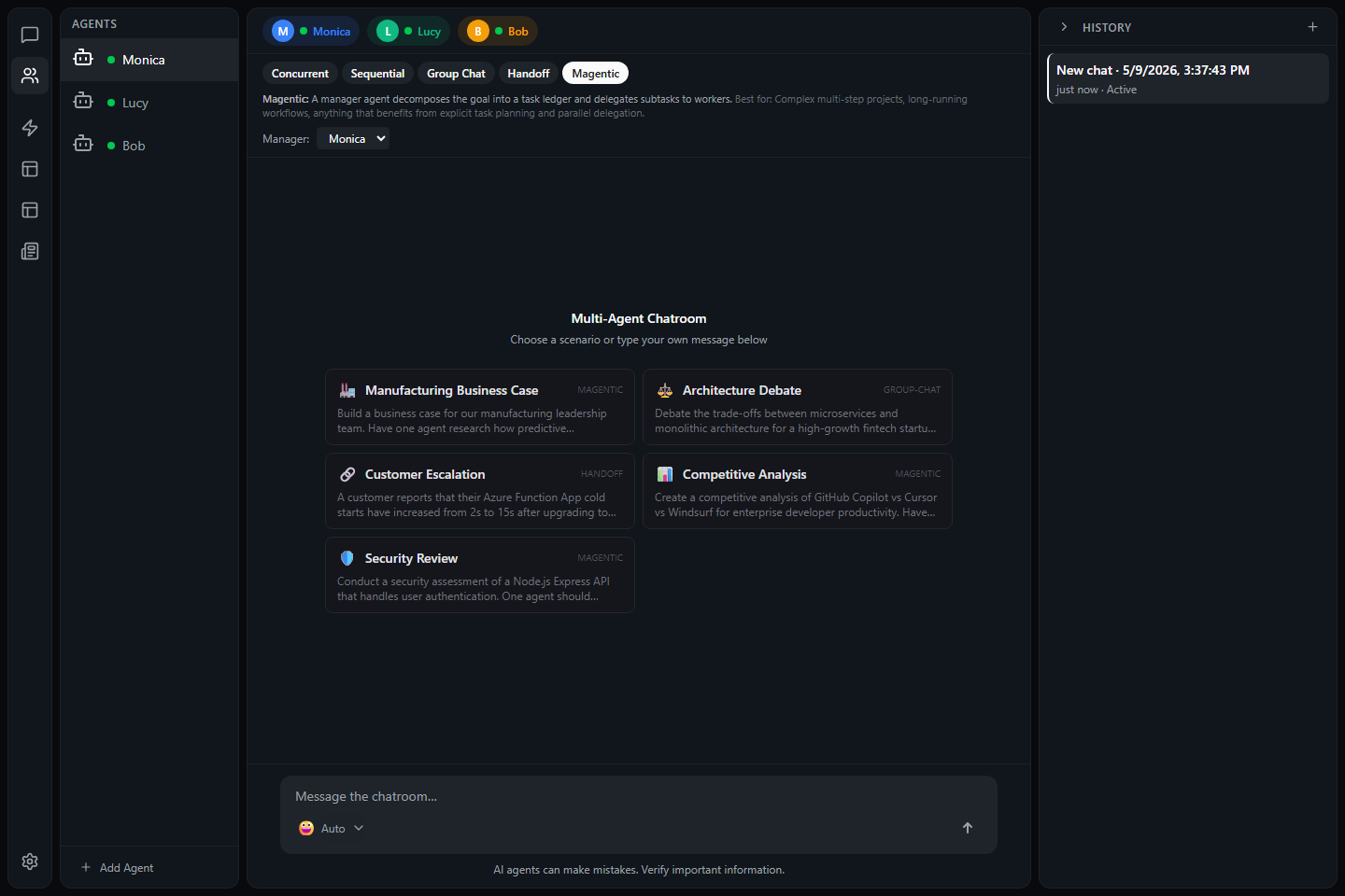 Chamber chatroom with participant pills and orchestration mode buttons visible.