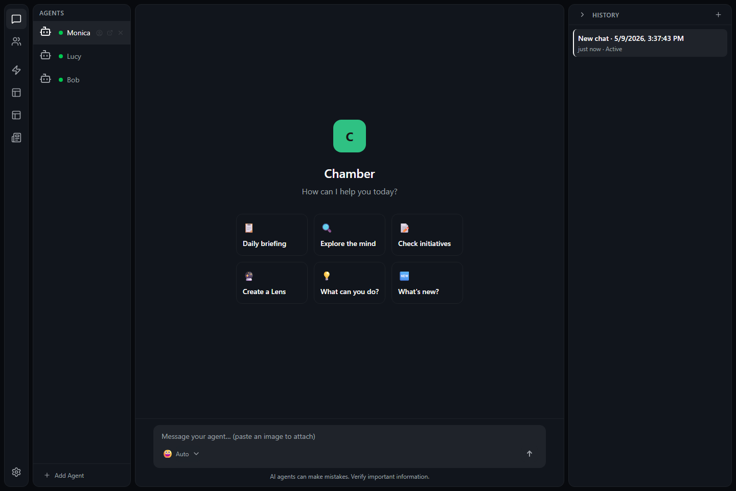 Chamber main window with the mind sidebar on the left, chat in the center, and conversation history on the right.