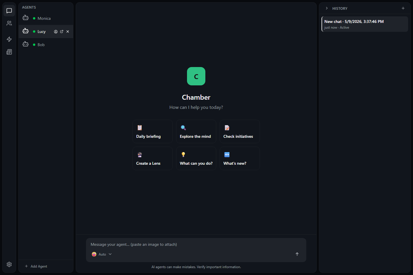 Chamber mind sidebar showing multiple minds and profile controls for the selected mind.