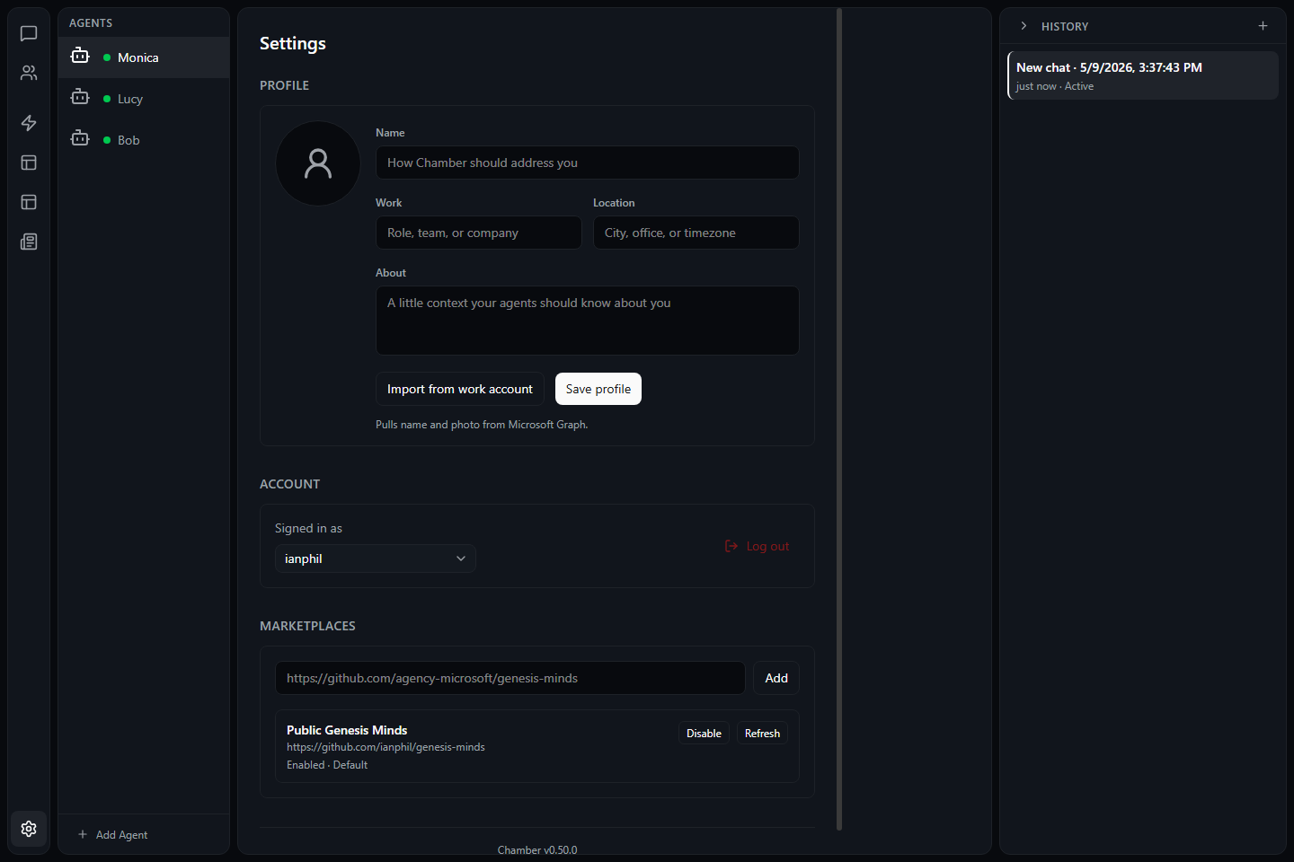 Chamber Settings screen showing account and app management areas.